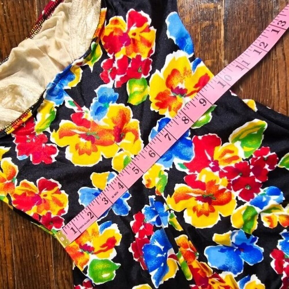 Vintage 70s ILGWU Black Tropical Floral One Piece Skirt Swimsuit - Picture 4 of 11